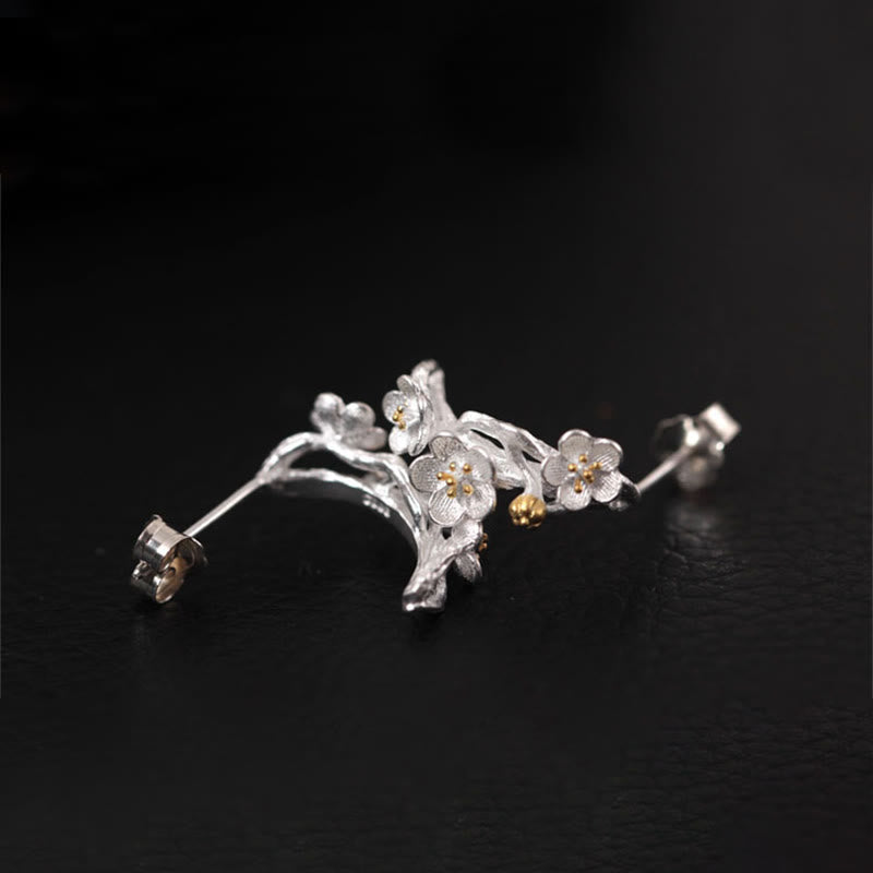 925 Sterling Silver Plum Blossom Floral Clear Quartz Earrings