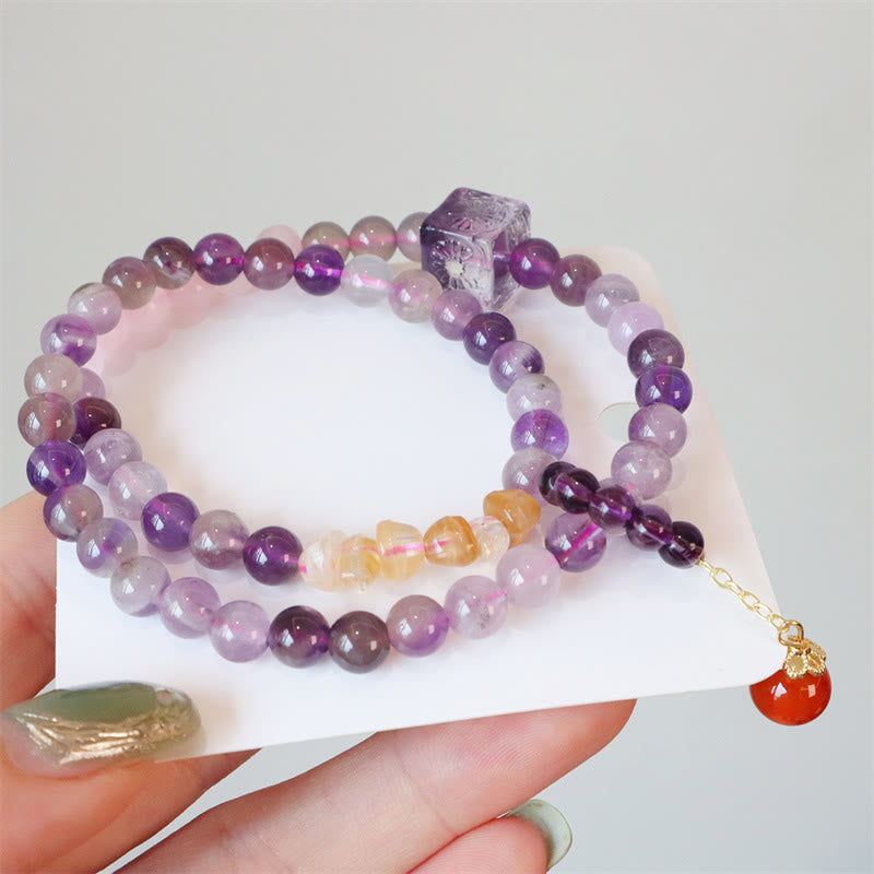 Natural Amethyst Citrine & Red Agate Beaded Double Wrap Bracelet