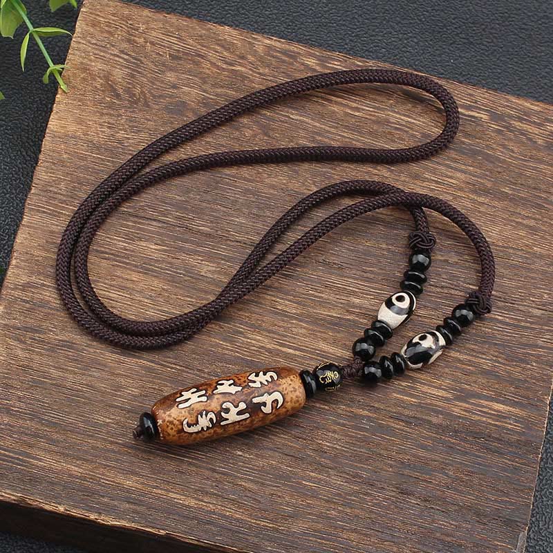 Tibet Om Mani Padme Hum Dzi Bead Avalokitesvara Pattern Wealth Necklace Pendant