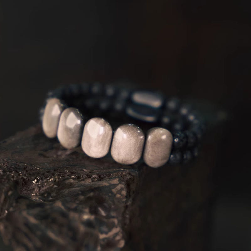 Natural Silver Sheen Obsidian and Volcanic Lava Stone Beaded Bracelet