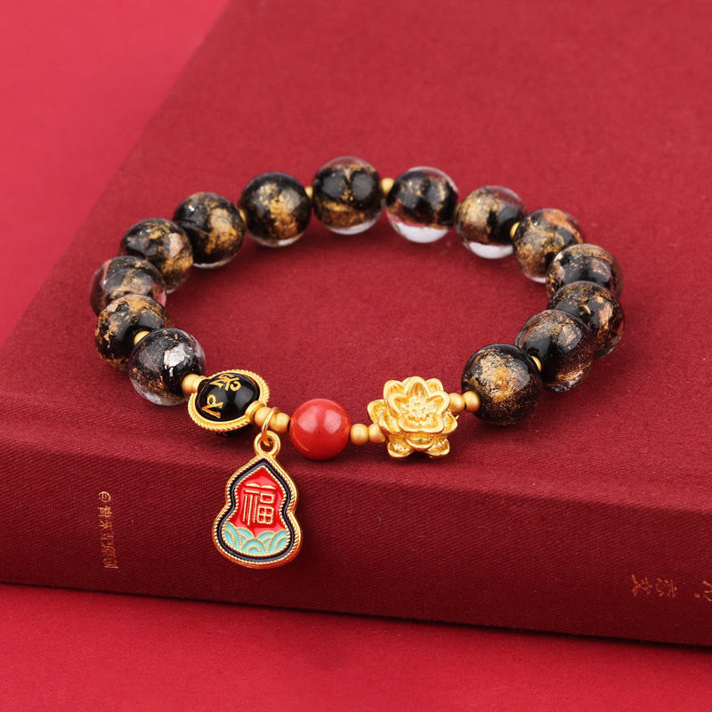 Tibetan Om Mani Padme Hum Lotus & Wu Lou Gourd Copper Charm Liuli Glass Beaded Bracelet