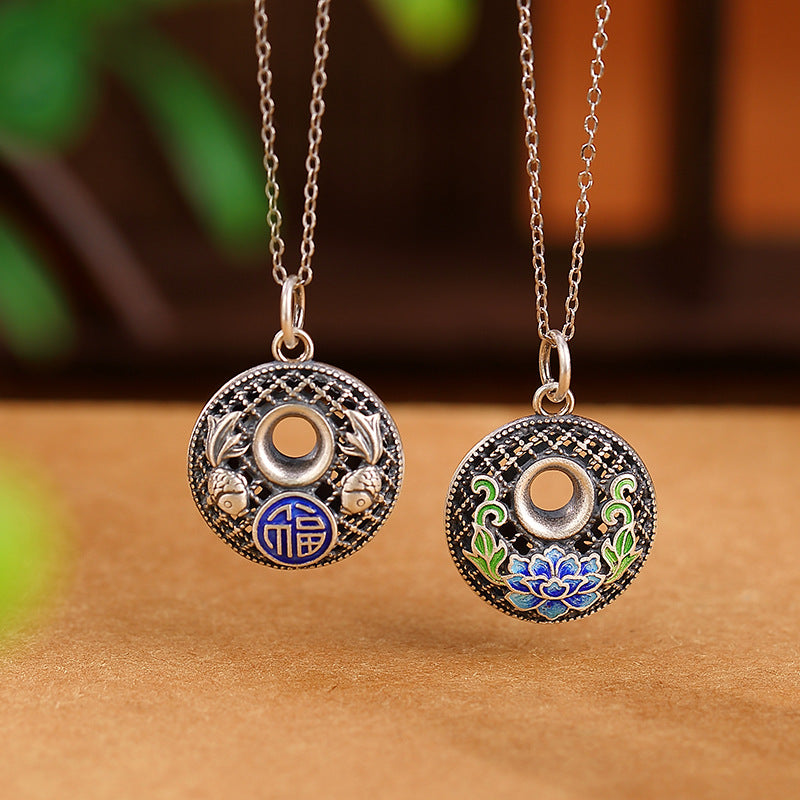 999 Sterling Silver Koi Fish Fu Character Lotus Peace Buckle Wealth Necklace Pendant