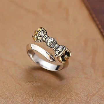 Tibetan Vajra Engraved Sterling Silver and Copper Adjustable Ring