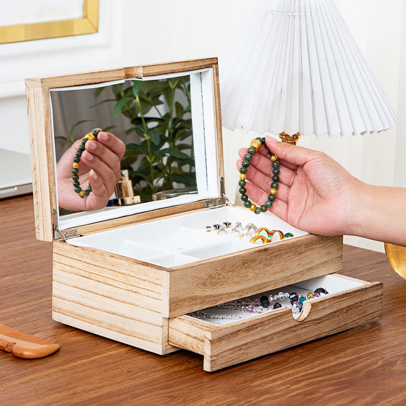Retro Beige Paulownia Wood Two-Layer Jewelry Storage Box with Mirror