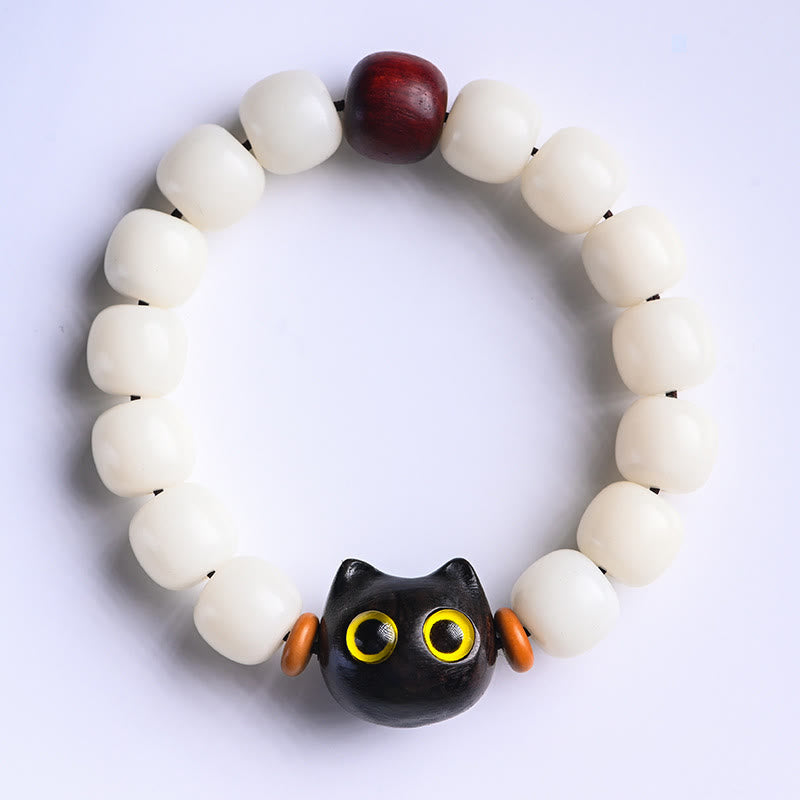 Natural Bodhi Seed Small Leaf Red Sandalwood Ebony Wood Cute Lucky Cat Wisdom Bracelet