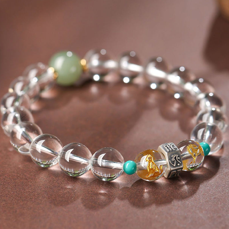 925 Sterling Silver Hetian Jade & White Crystal Chinese Zodiac Guardian Buddha Beaded Bracelet