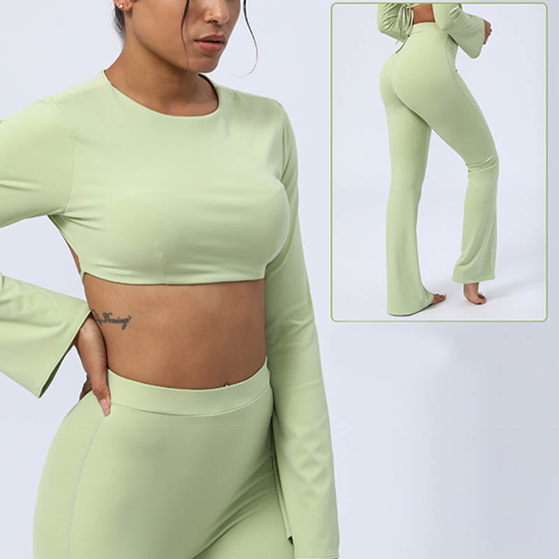 Long Sleeve Backless Strap Top Bra Flare Pants Fitness Yoga Outfit
