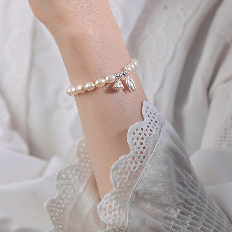 999 Sterling Silver Lotus Flower Pod & Natural Pearl Bracelet