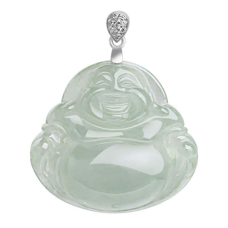 925 Sterling Silver Natural Jade Laughing Buddha Prosperity Abundance Chain Necklace Pendant