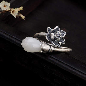 Handmade Copper Jade Lotus Adjustable Ring