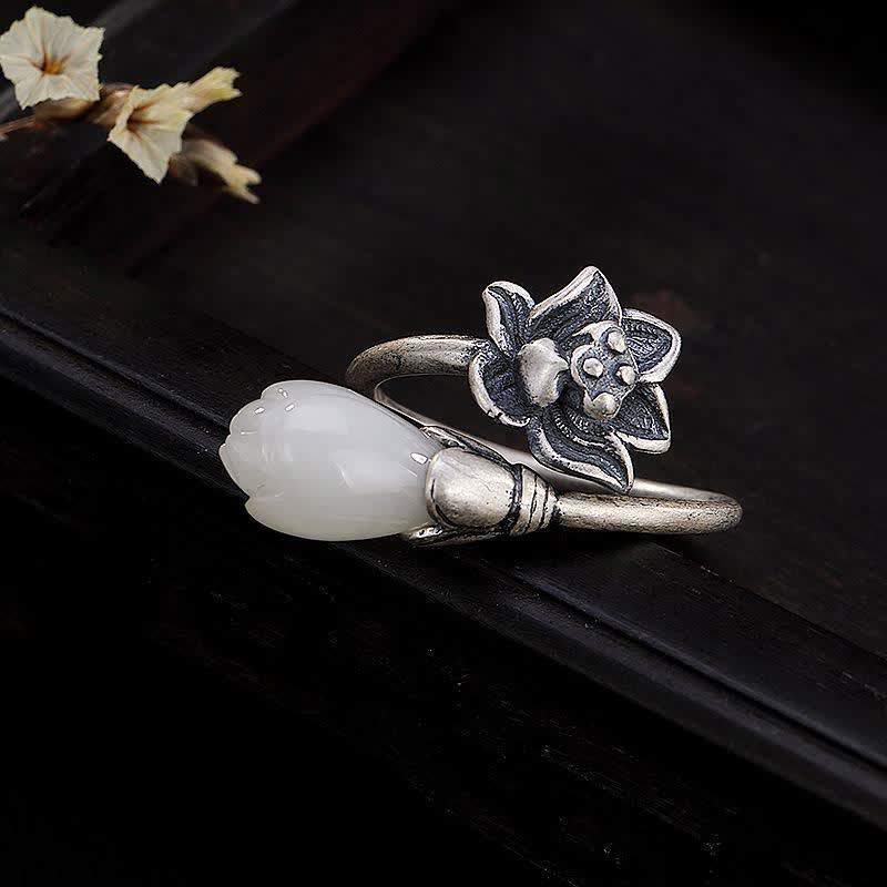 Handmade Copper Jade Lotus Adjustable Ring