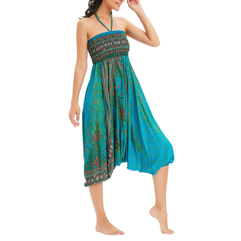 Two Style Wear Peacock Feather Loose Smocked Harem Trousers Jumpsuit High Waist Pants