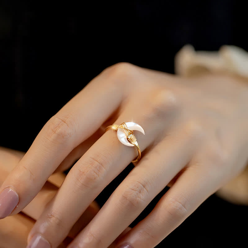 Natural Tridacna Stone Moon 14K Gold Blessing Ring