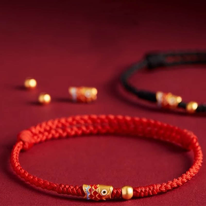 Handmade 925 Sterling Silver Koi Fish Braided Red String Bracelet