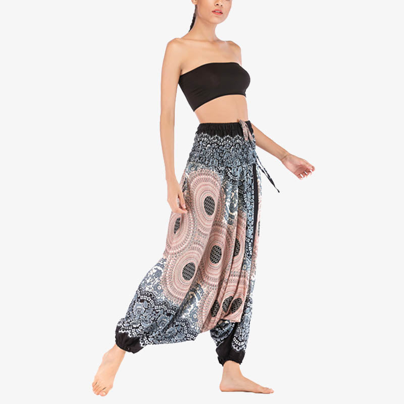 Two Style Wear Round Geometric Pattern Loose Smocked Harem Trousers Jumpsuit High Waist Women's Yoga Pants