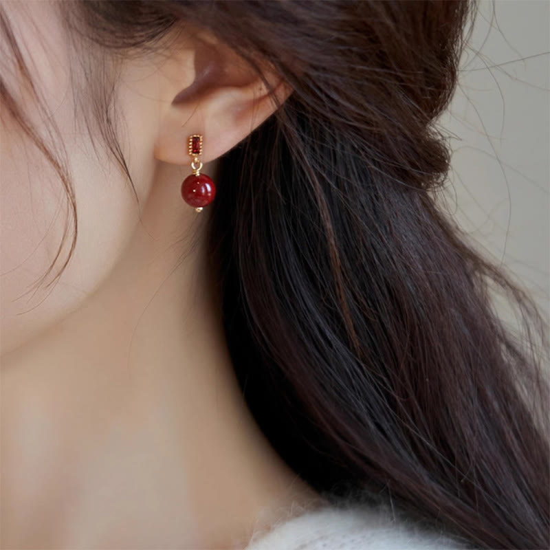 925 Sterling Silver Posts 14K Gold Filled Cinnabar Bead Zircon Calm Earrings