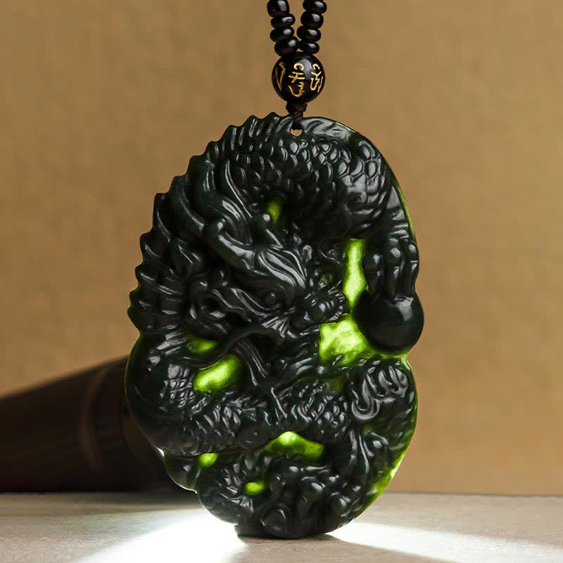 Hetian Cyan Jade Dragon Success Harmony Necklace Beaded String Pendant