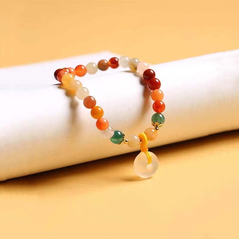 14K Gold Plated Golden Silk Jade and Green Strawberry Quartz Ping An Kou Bracelet