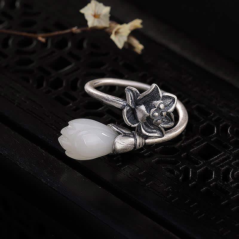 Handmade Copper Jade Lotus Adjustable Ring