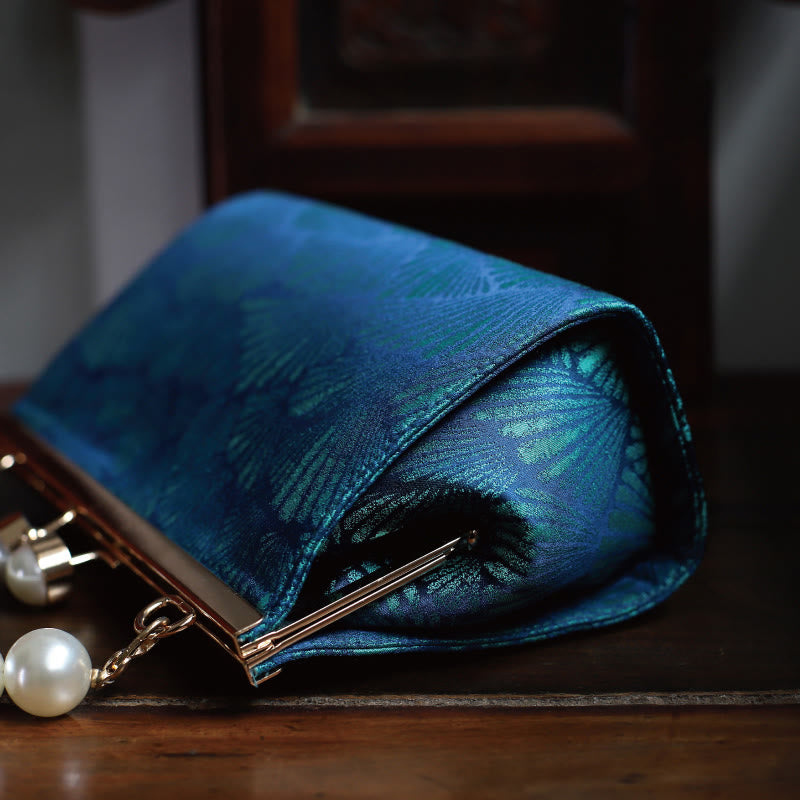Vintage Peacock Blue Leaf Pattern Pearl Metal Handbag