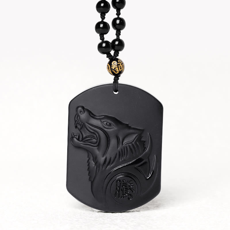 Black Obsidian Stone Wolf Purification Pendant Necklace