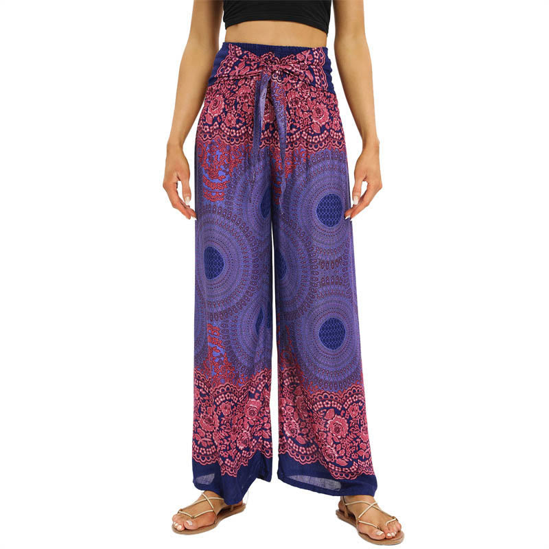 Bohemian Compass Flower Print Lace-up Wide Leg Pants Women's Yoga Pants
