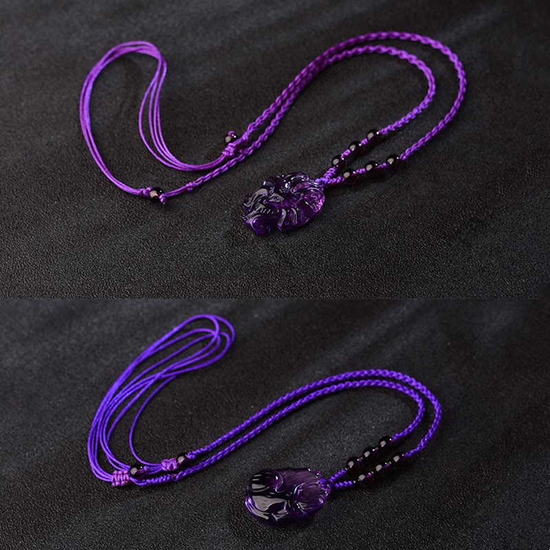 Natural Amethyst White Crystal Citrine Nine Tailed Fox Luck Necklace Pendant