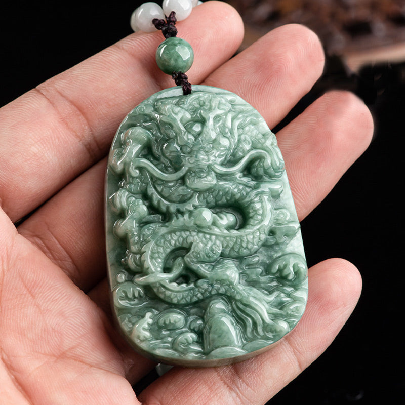 Chinese Zodiac Dragon Jade Prosperity Necklace Bead String Pendant