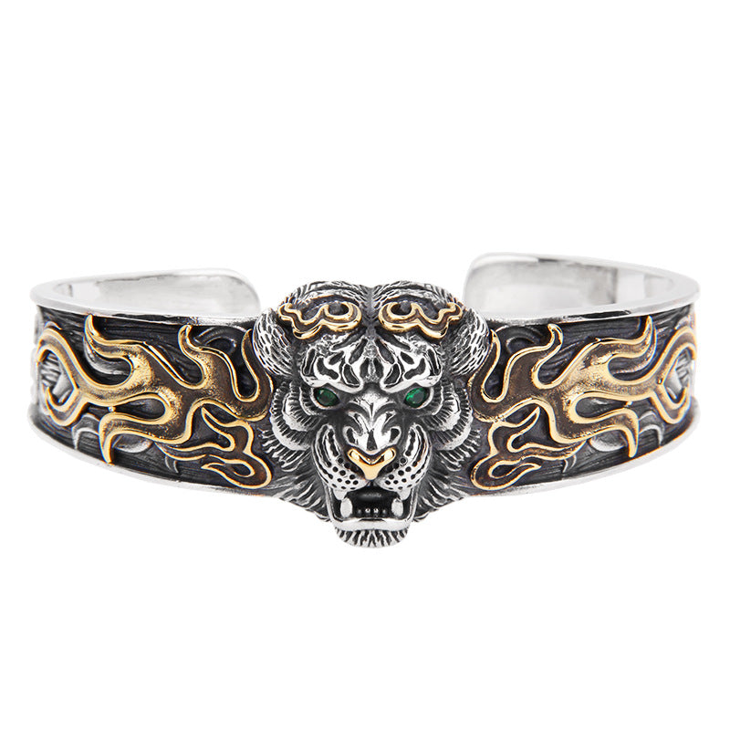 925 Sterling Silver Chinese Zodiac Tiger Adjustable Bangle Bracelet