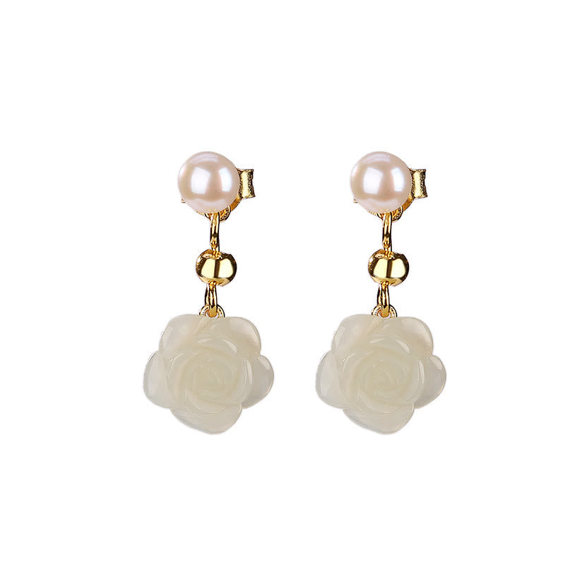 925 Sterling Silver Plated Gold Jade Rose Flower Cyan Jade Pearl Luck Earrings