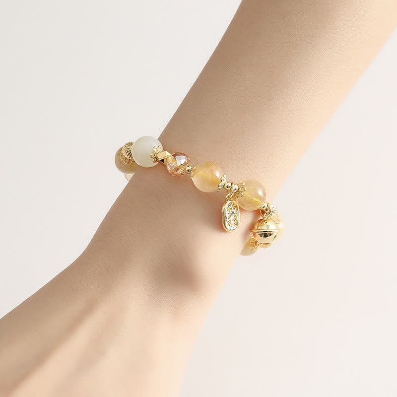 14K Gold Plated Golden Rutilated Quartz Wealth Bell Lucky Fortune Charm Bracelet