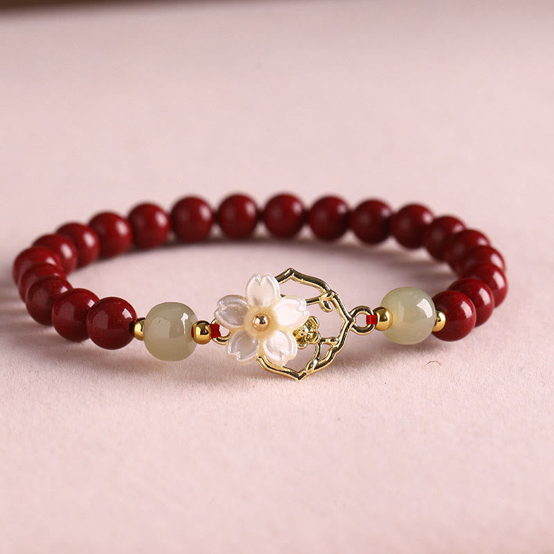 Natural Cinnabar Jade Beaded Tridacna Stone Flower Blessing Bracelet