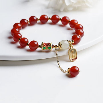 Natural Red Agate and Hetian Jade Copper Fu Symbol Beaded Charm Bracelet