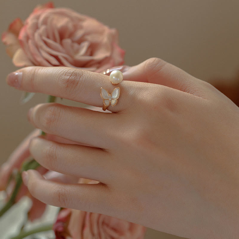 14K Gold Plated Copper Pearl Tridacna Stone Butterfly Blessing Ring Bracelet Necklace Pendant Earrings Set