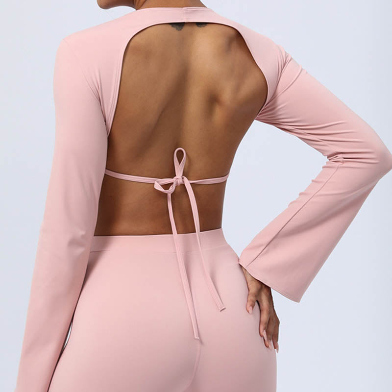 Long Sleeve Backless Strap Top Bra Flare Pants Fitness Yoga Outfit