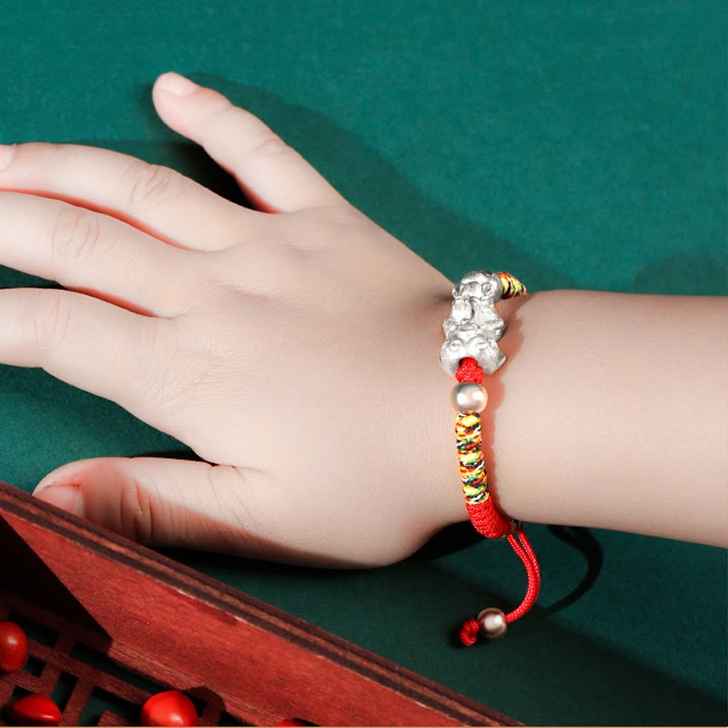 999 Sterling Silver Pixiu Red String Braided Vajra Knot Bracelet for Kids