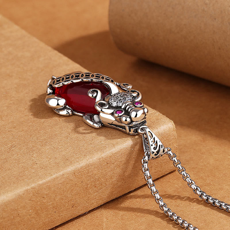 PiXiu Garnet Copper Coin Wealth Luck Necklace Pendant