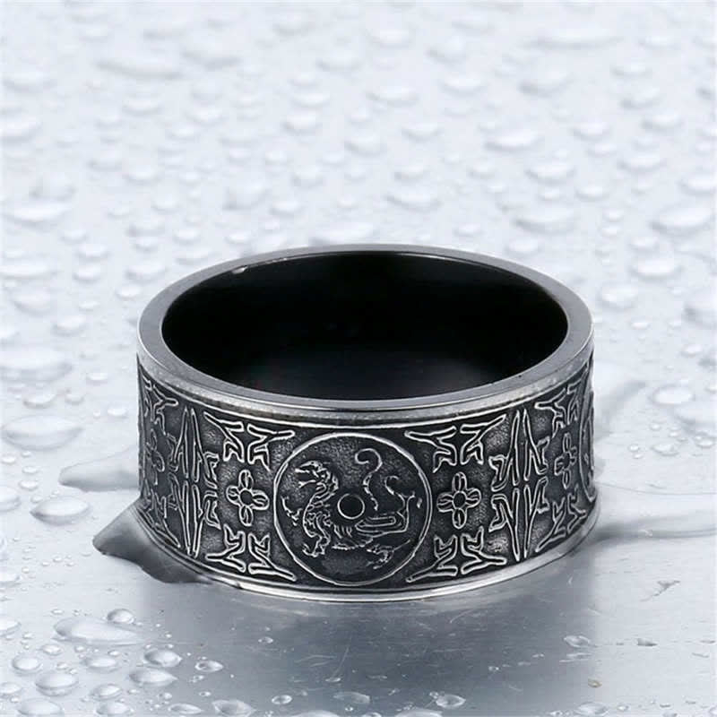 Four Guardian Beast Dragon White Tiger Suzaku Basalt Carved Success Luck Ring