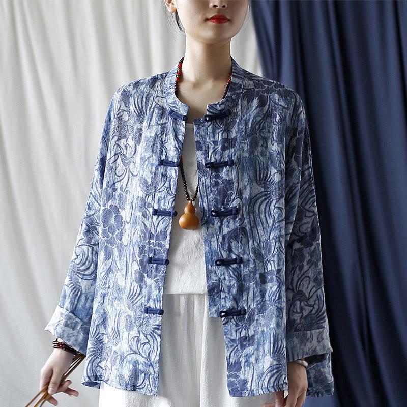Ramie Linen Floral Stand Collar Meditation Jacket Shirt