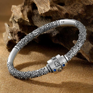 990 Fine Silver Tibetan Om Mani Padme Hum Engraved Auspicious Clouds Bangle