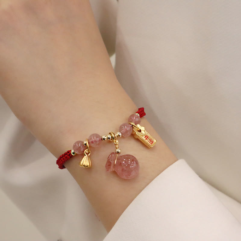Natural Strawberry Quartz Money Bag Lotus Healing Charm Red String Braided Bracelet