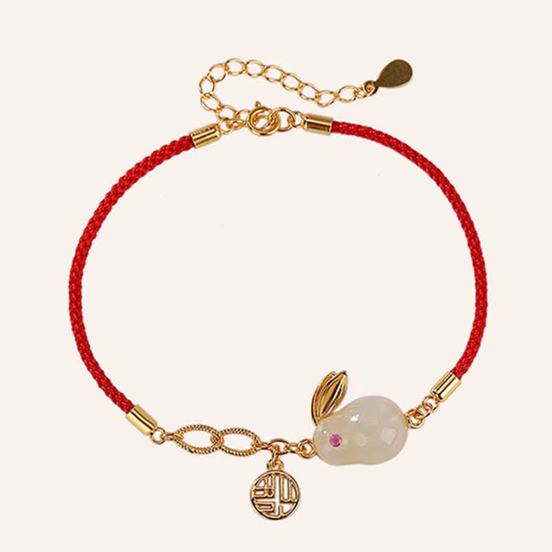 Sterling Silver & Hetian White Jade Red String Bracelet with Gold Buddha & Rabbit Accents