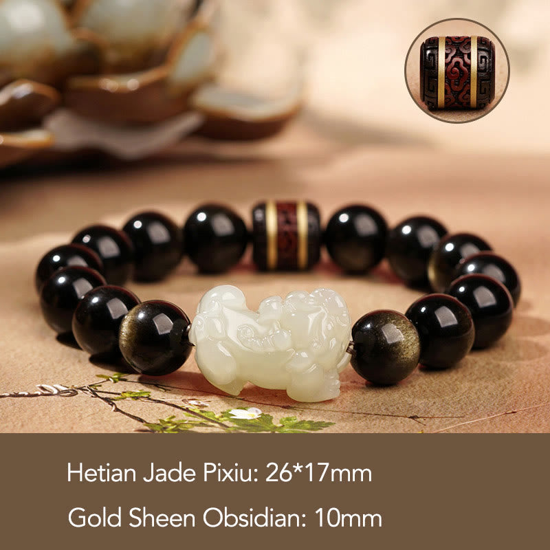 Handmade Gold Sheen Obsidian & Hetian Jade Pixiu Beaded Bracelet for Men and Women