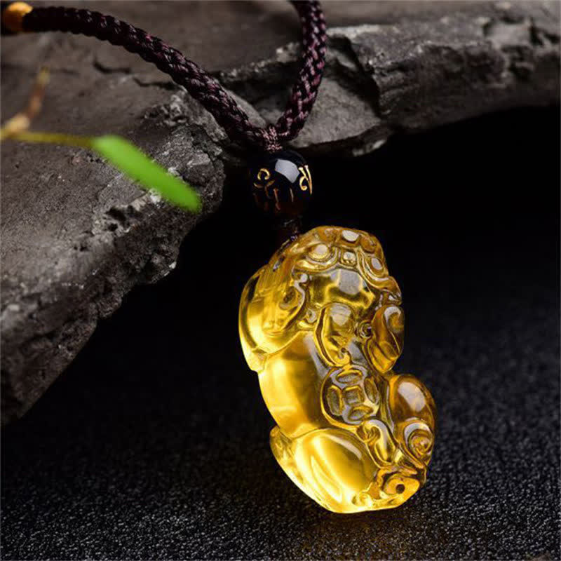 Natural Citrine Pixiu Hand-Carved Unisex Pendant Necklace
