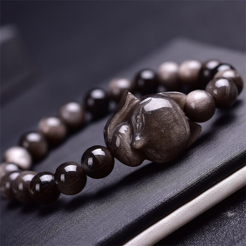 Natural Silver Sheen Obsidian Hand-Carved Fox Beaded Elastic Bracelet
