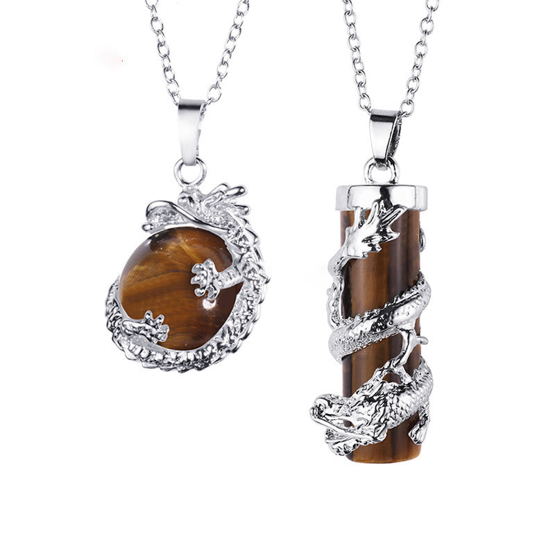 2pc Dragon Wrapped Round Ball Gemstone Couple Necklace Pendant