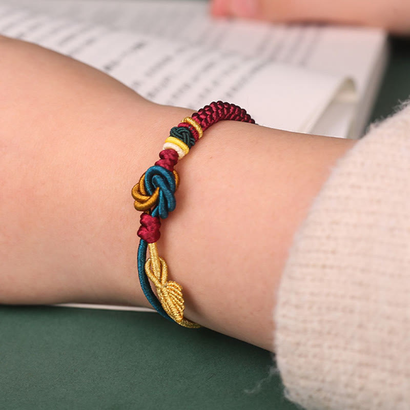 Handmade Tibetan Endless Knot Leaf Charm Cord Bracelet