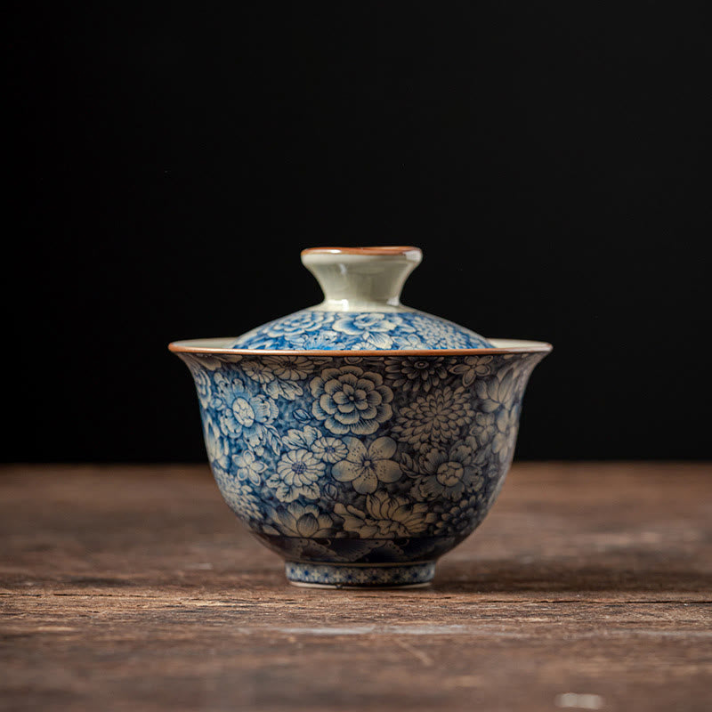 Vintage Blue And White Porcelain Peach Blossom Lotus Peony Ceramic Gaiwan Sancai Teacup Kung Fu Tea Cup And Saucer With Lid