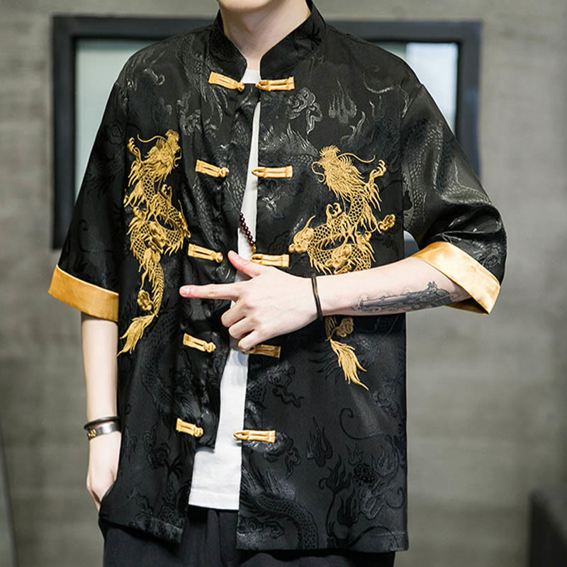 Frog-Button Chinese Dragon Embroidery Half Sleeve Shirt Linen Men Clothing