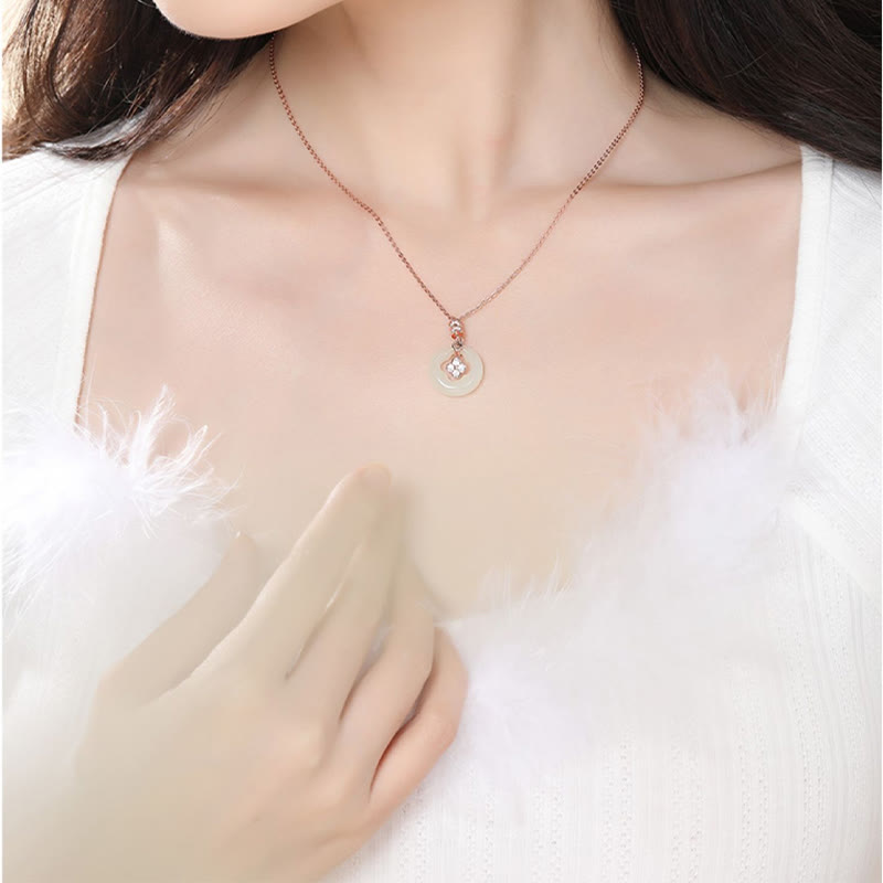 925 Sterling Silver Natural Hetian Jade Lucky Four Leaf Clover Zircon Necklace Pendant With Gift Box